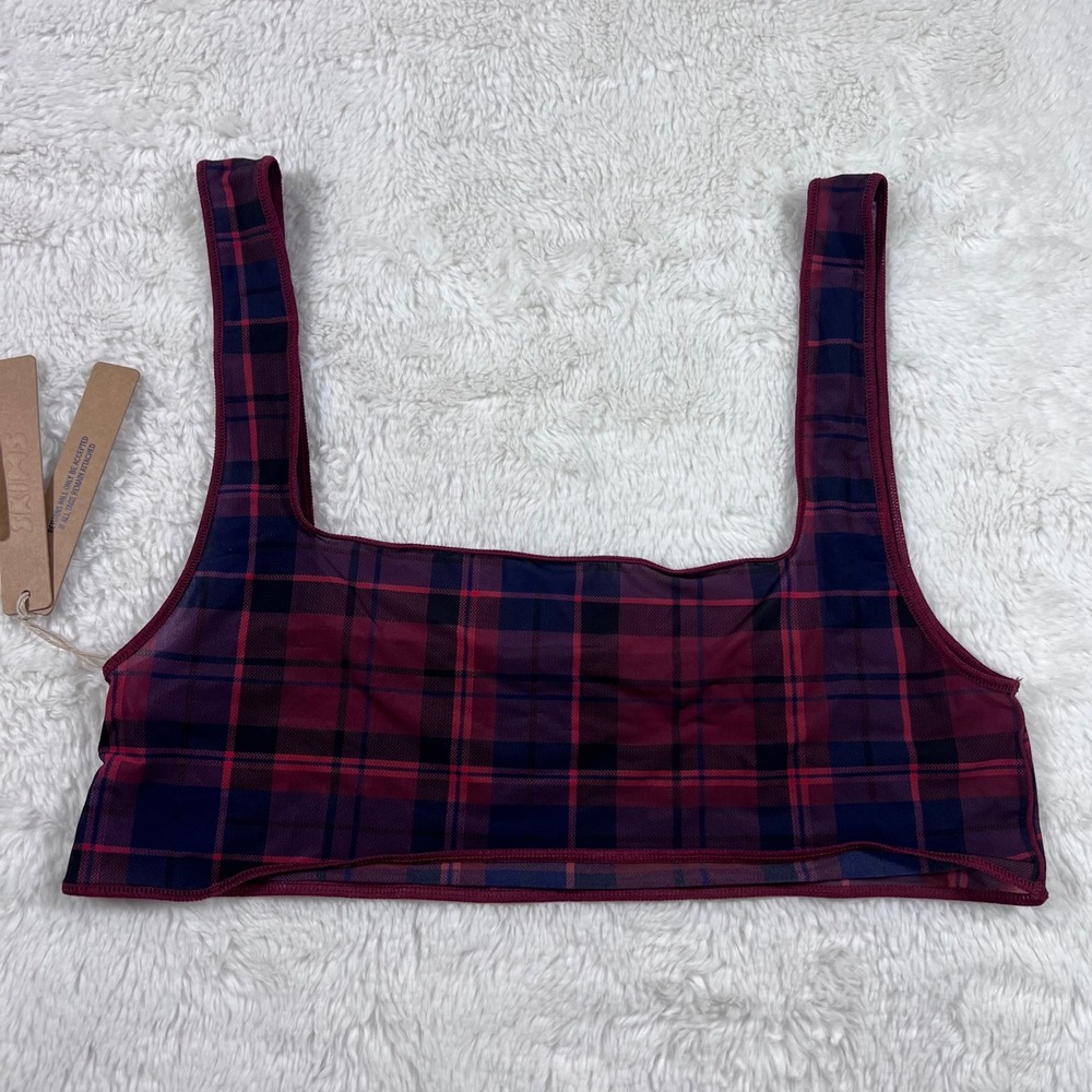 SKIMS Milky Sheer Scoop Bralette Merlot Navy Plaid SP-SCP-6280W Women Size M NWT